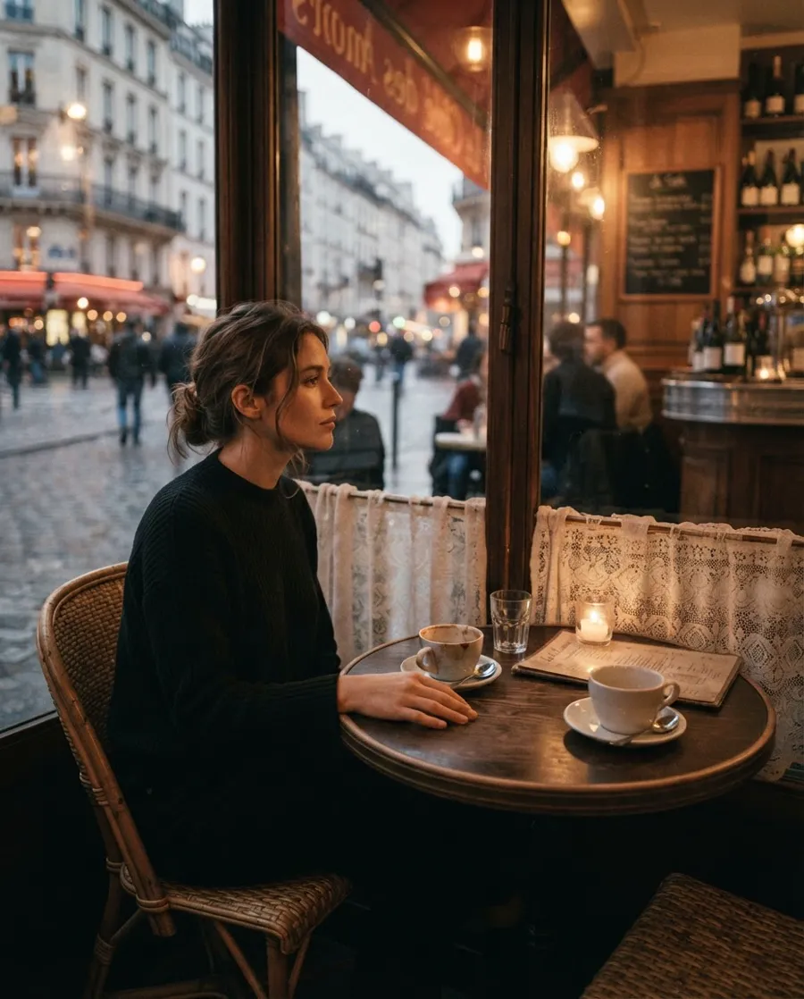 A woman alone at a café table at dusk