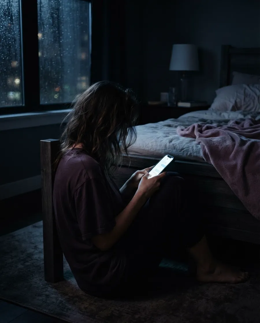 A woman sitting on her bedroom floor at night, lit by her phone