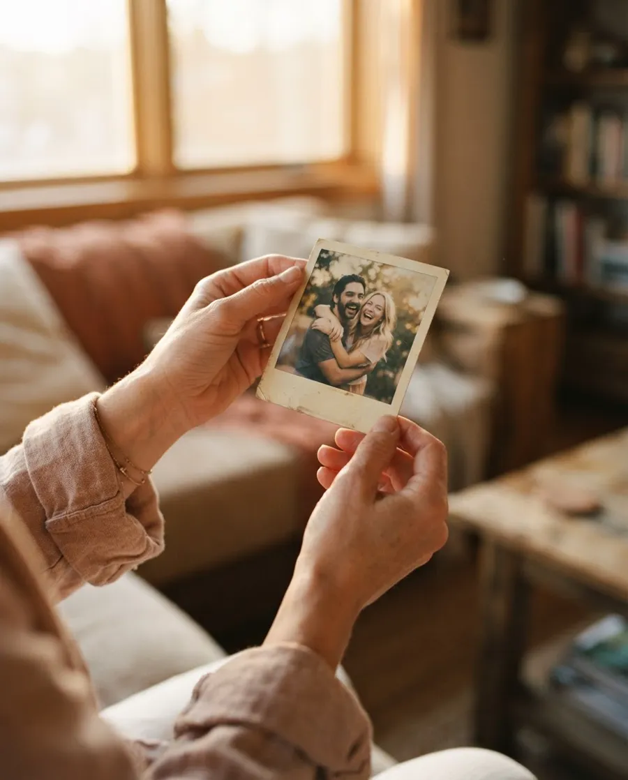 Hands holding an old instant photo of a couple