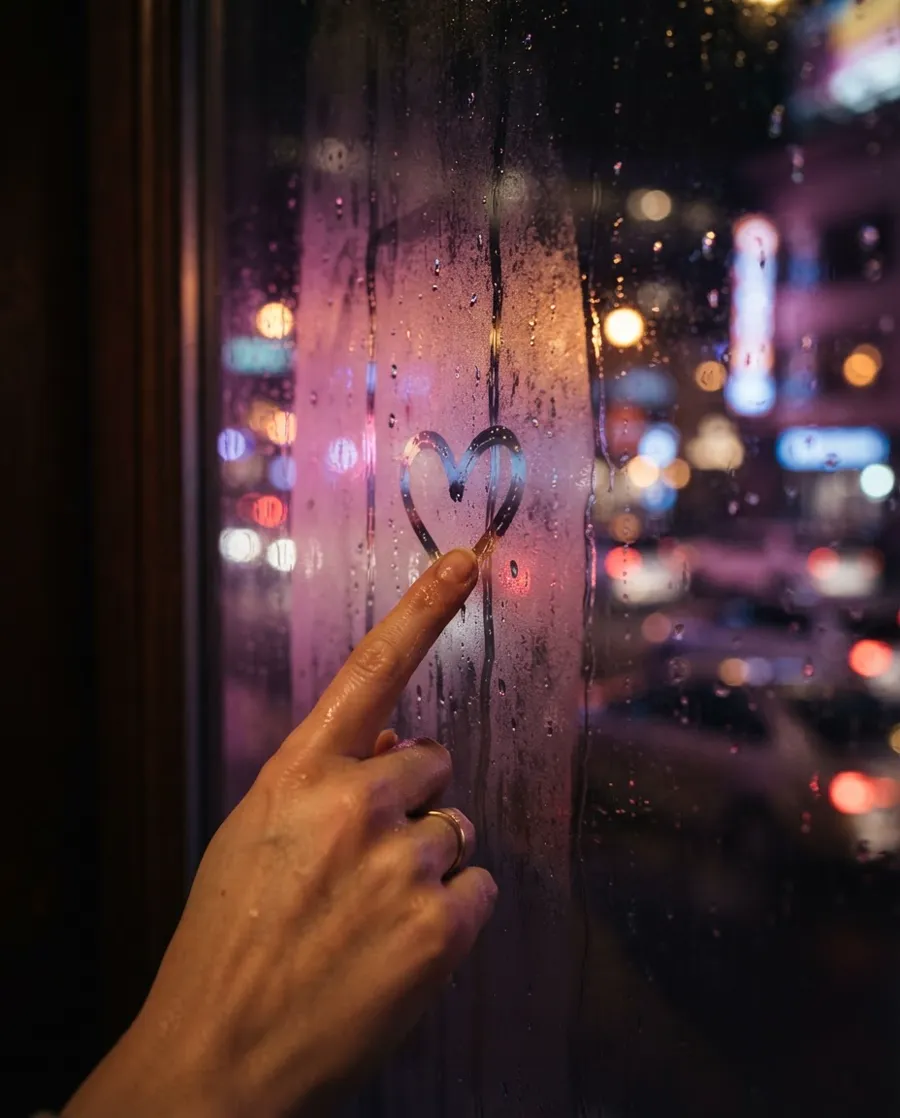 A finger drawing a heart on a rainy window at night